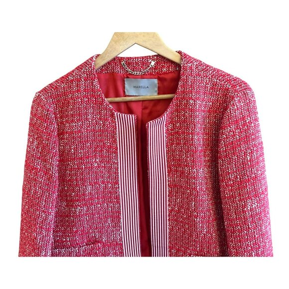 Marella by Max Mara Women's Red Tweed Jacket Striped Trim Size 10 Designer - Picture 4 of 7